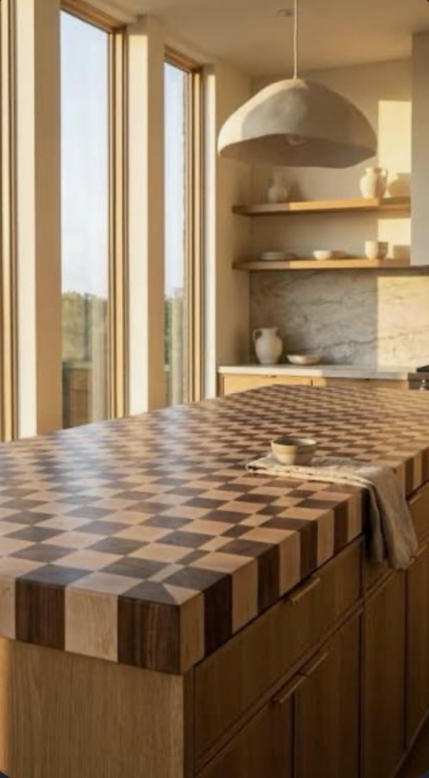 Custom mixed woods checkerboard countertop